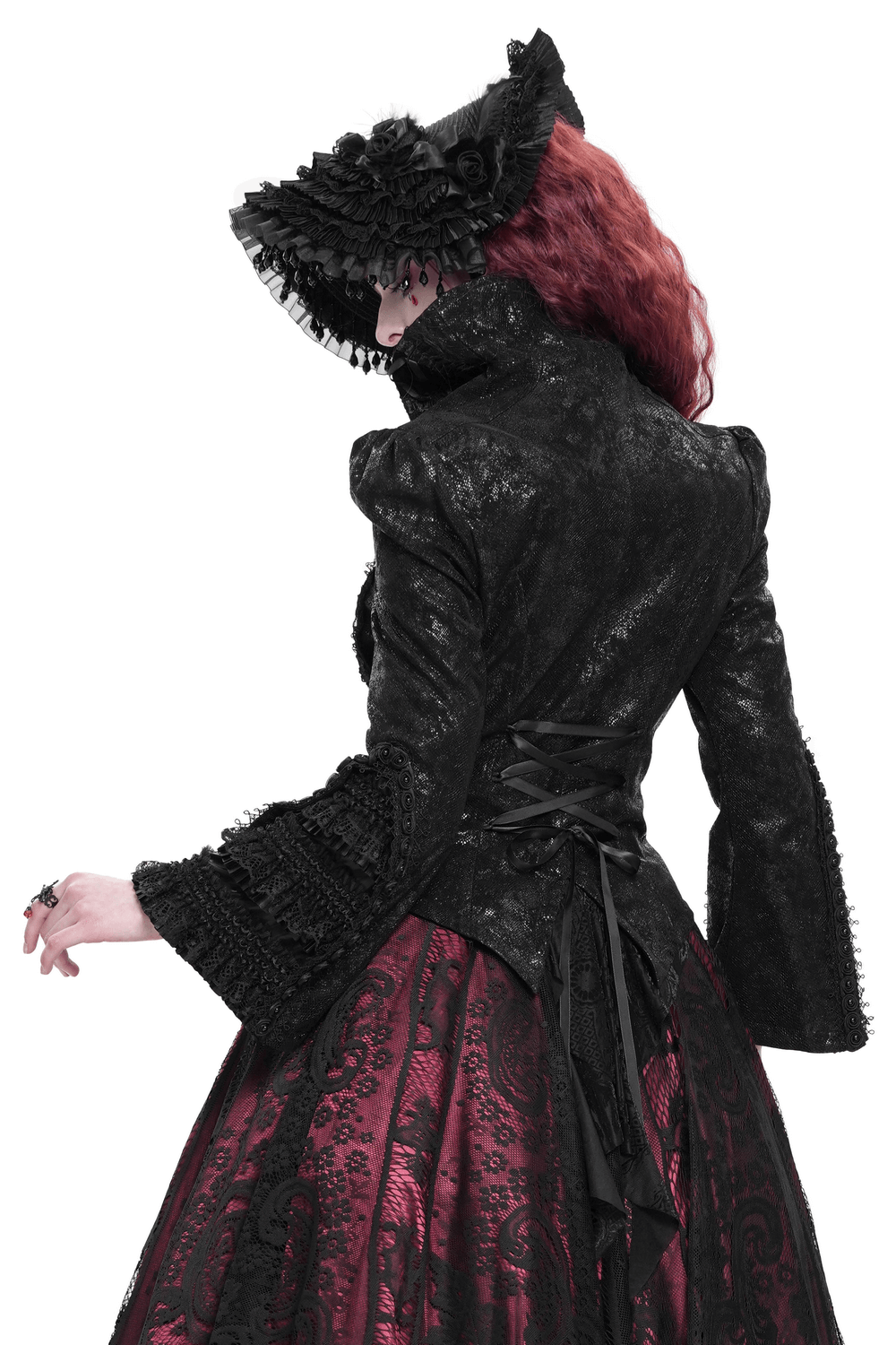 Gothic Lace-Up Victorian Jacket with Bell Sleeves and Cross on model showcasing intricate detail and dramatic silhouette.