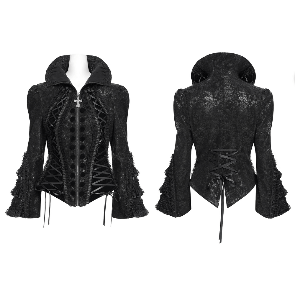Gothic Lace-Up Victorian Jacket with Bell Sleeves and Cross featuring intricate lace and a dramatic silhouette.