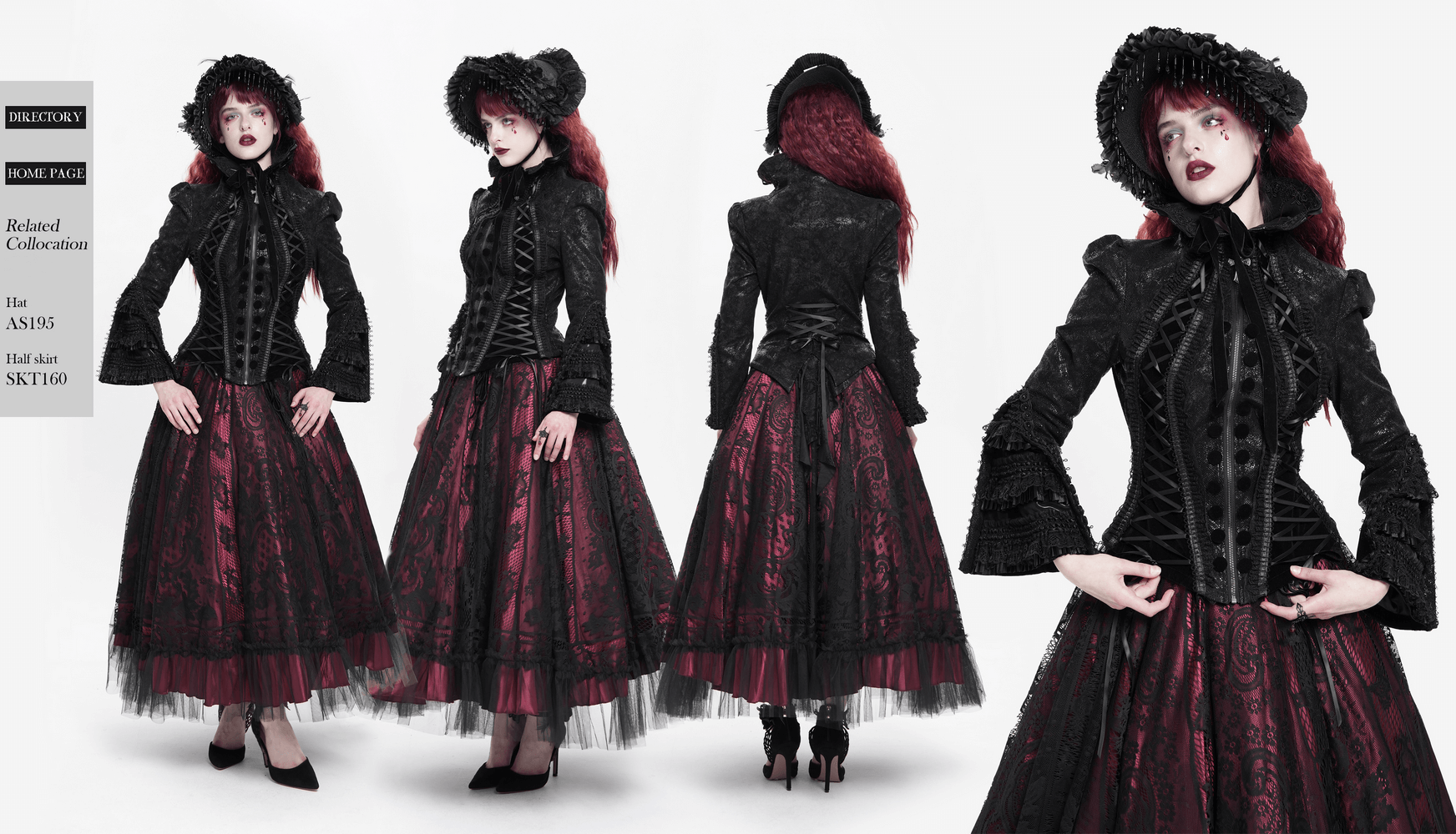 Gothic Lace-Up Victorian Jacket with Bell Sleeves and Cross in a dramatic black design with red accents and a structured silhouette.