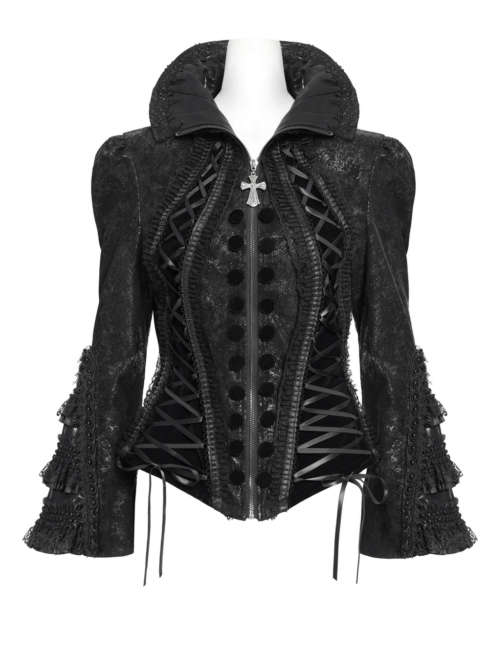 Gothic Lace-Up Victorian Jacket with Bell Sleeves and Cross featuring intricate lace detailing and structured silhouette.