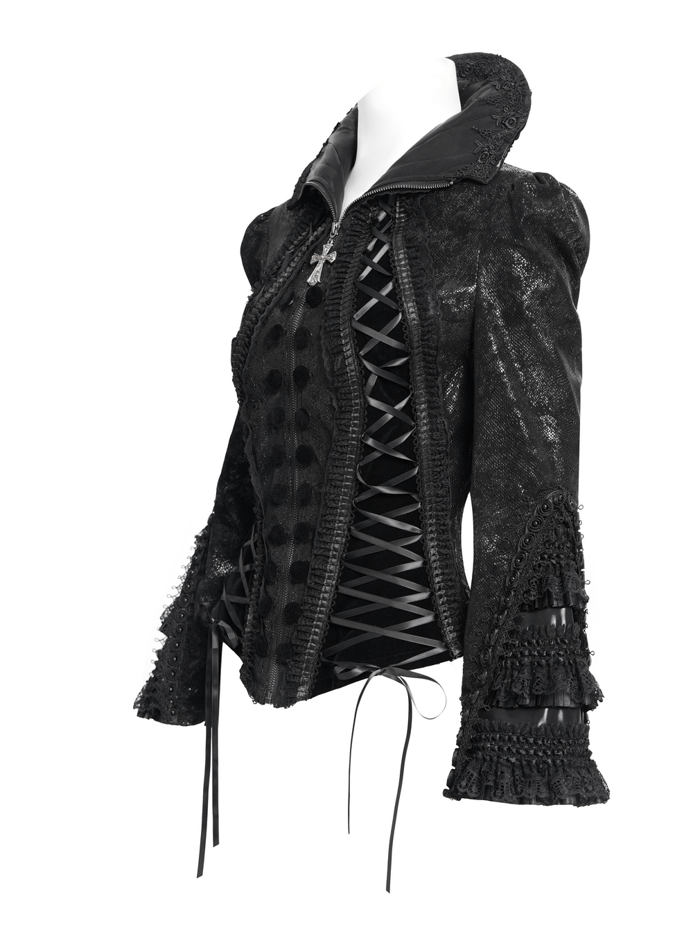 Gothic Lace-Up Victorian Jacket with Bell Sleeves and Cross featuring lace detailing and dramatic bell sleeves.