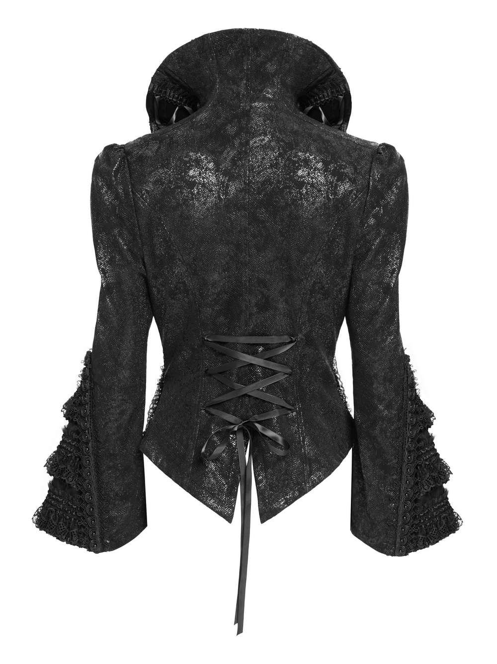 Gothic Lace-Up Victorian Jacket with Bell Sleeves and Cross back view showcasing lace-up detail.