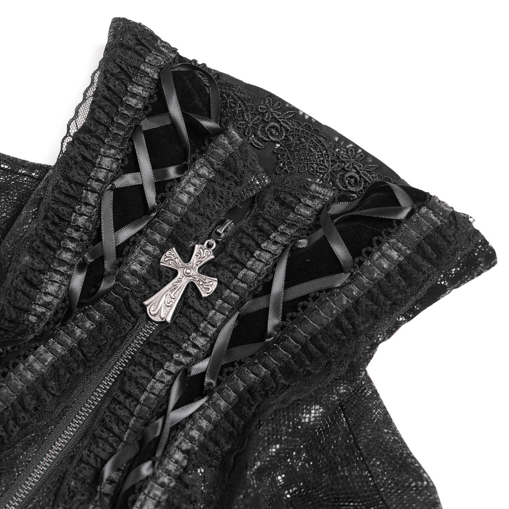 Gothic Lace-Up Victorian Jacket with Bell Sleeves and Cross detailing, featuring intricate lace and a cross pendant.