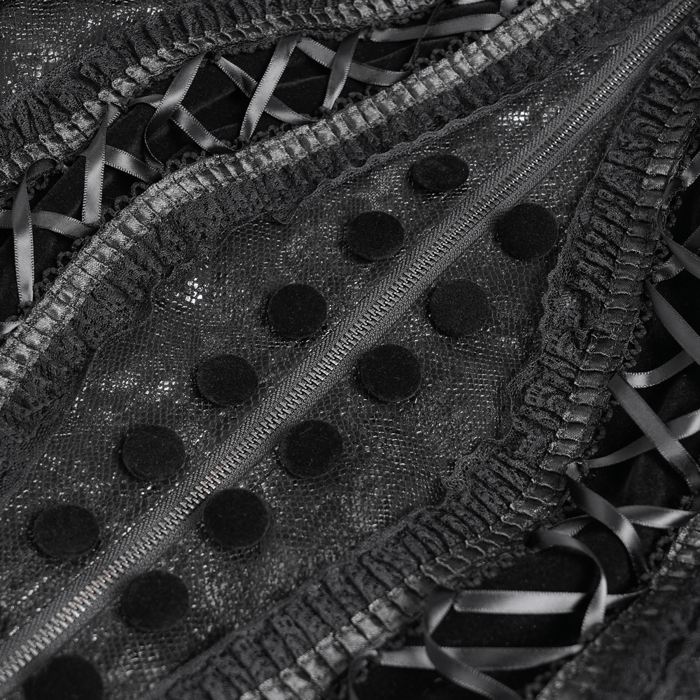 Gothic Lace-Up Victorian Jacket with Bell Sleeves and Cross lace detailing and zipper close-up image.