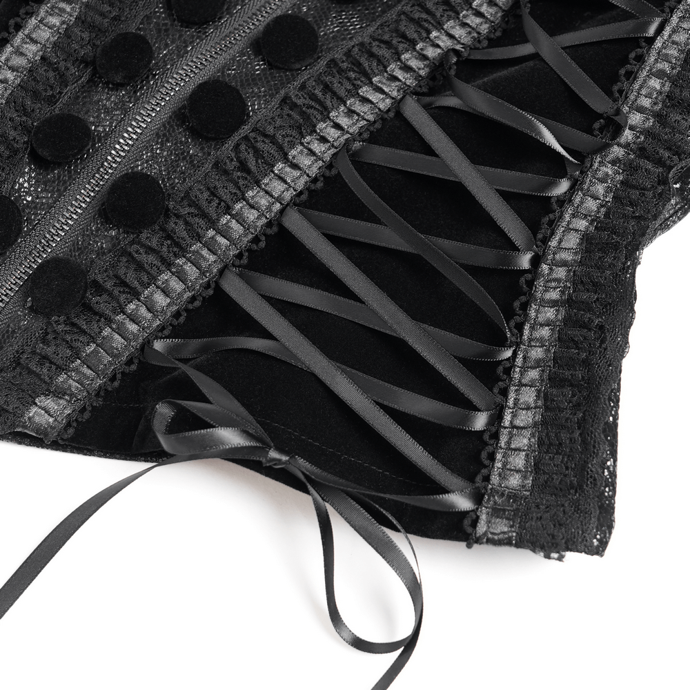 Gothic Lace-Up Victorian Jacket with Bell Sleeves and Cross close-up of lace and ribbon details.