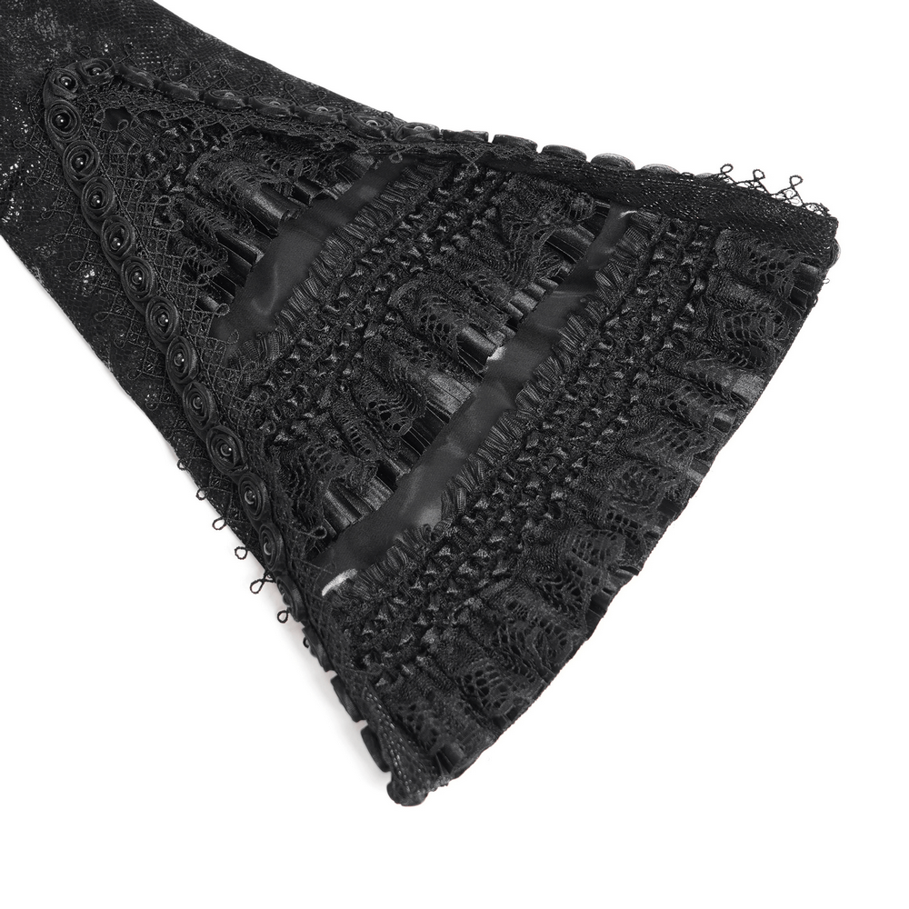 Close-up of the bell sleeve design of Gothic Lace-Up Victorian Jacket with Bell Sleeves and Cross featuring intricate lace.