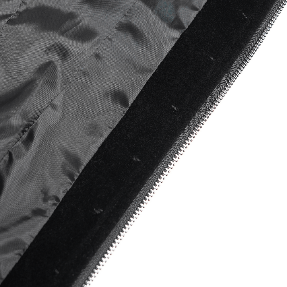 Gothic Lace-Up Victorian Jacket with Bell Sleeves and Cross interior fabric detail showing zipper and elegant materials.