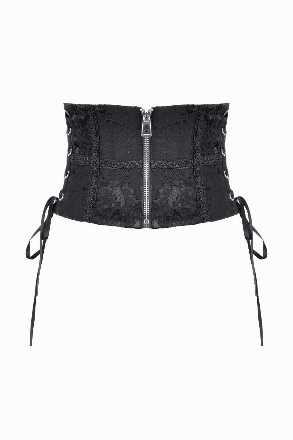 Gothic Lace-Up Waist Corset with Zipper and Satin Ribbons showcasing elegant lace and satin details.