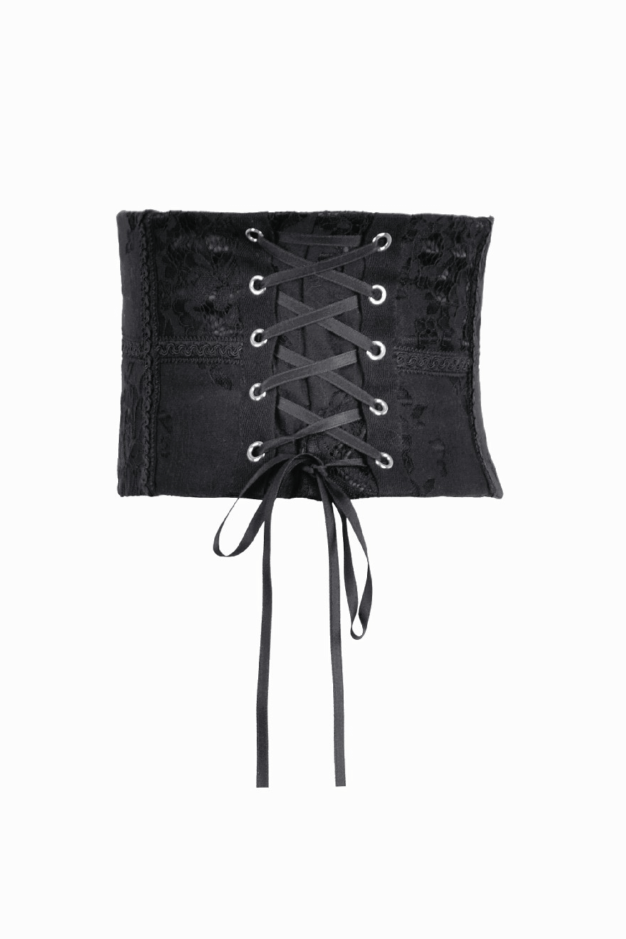 Gothic Lace-Up Waist Corset with Zipper and Satin Ribbons featuring intricate lace patterns and adjustable satin lacing.