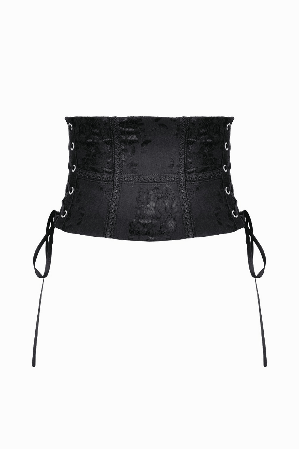 Gothic Lace-Up Waist Corset with Zipper and Satin Ribbons, featuring intricate lace patterns and adjustable satin laces.