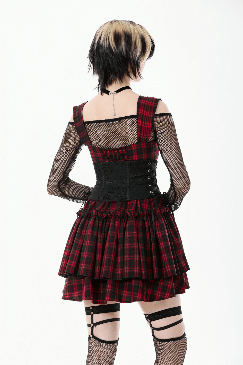 Gothic Lace-Up Waist Corset with Zipper and Satin Ribbons worn with plaid dress and fishnet sleeves.