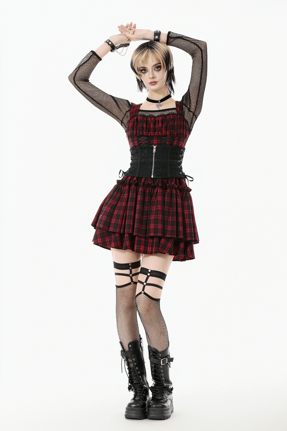Gothic Lace-Up Waist Corset with Zipper and Satin Ribbons paired with a plaid skirt and edgy accessories.
