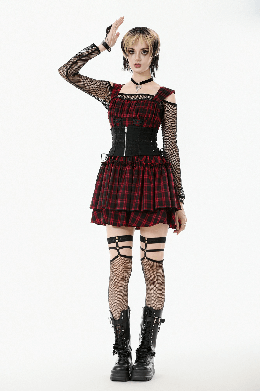 Gothic Lace-Up Waist Corset with Zipper and Satin Ribbons worn with a stylish plaid dress, showcasing punk-inspired fashion.