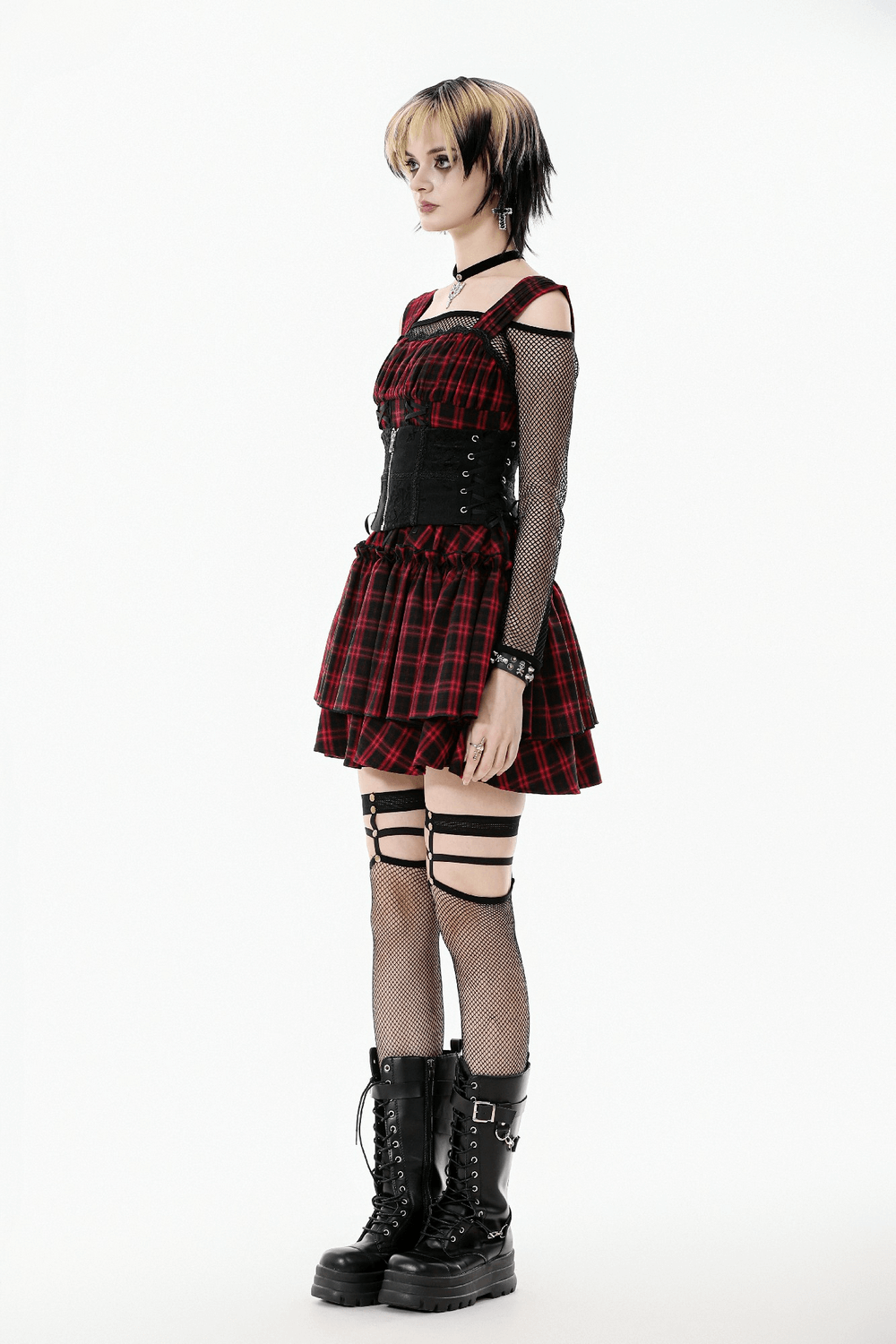 Gothic Lace-Up Waist Corset with Zipper and Satin Ribbons styled with a plaid dress and combat boots