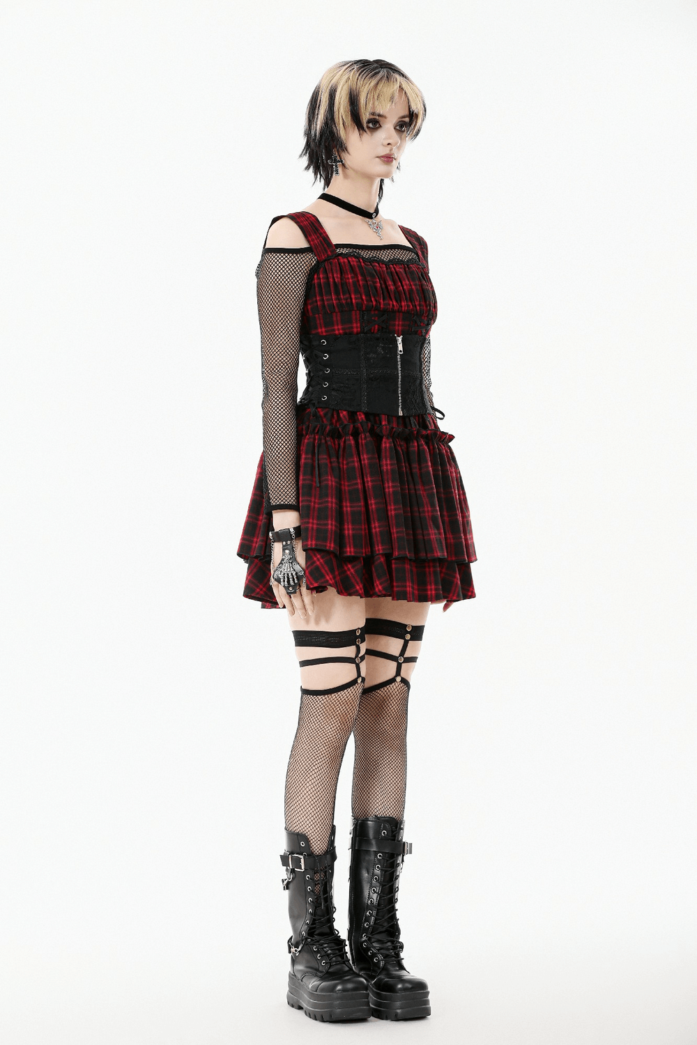 Gothic Lace-Up Waist Corset with Zipper and Satin Ribbons paired with a red plaid dress for a punk-inspired look.