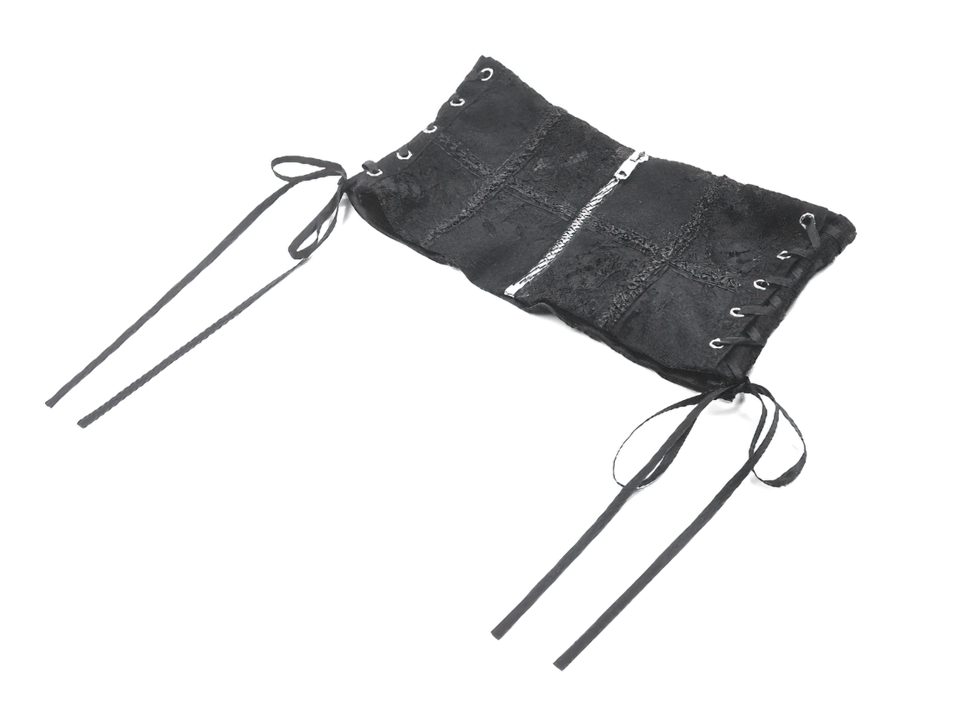 Gothic Lace-Up Waist Corset with Zipper and Satin Ribbons, featuring intricate lace patterns and satin lacing for an adjustable fit.