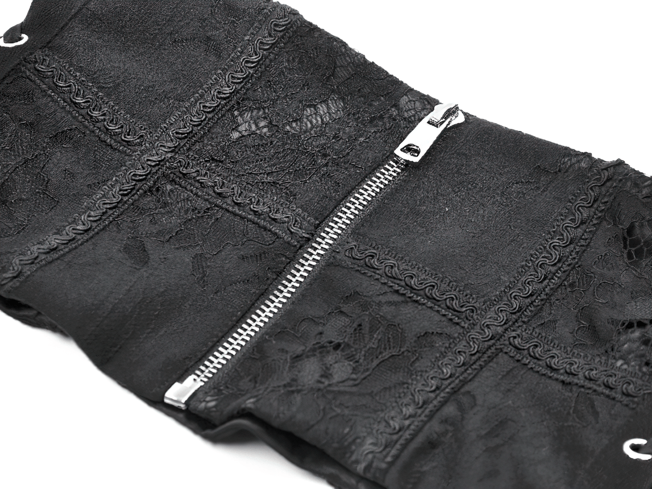 Gothic Lace-Up Waist Corset with Zipper and Satin Ribbons featuring intricate lace patterns and shiny zipper.
