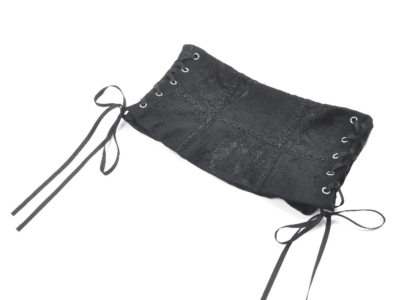 Gothic Lace-Up Waist Corset with Zipper and Satin Ribbons showcasing a stylish black fabric and intricate lace-up design.