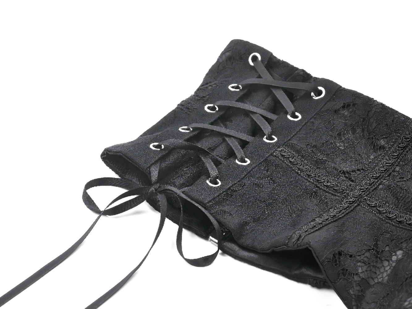 Gothic Lace-Up Waist Corset with Zipper and Satin Ribbons side view showing intricate lace and satin lacing.