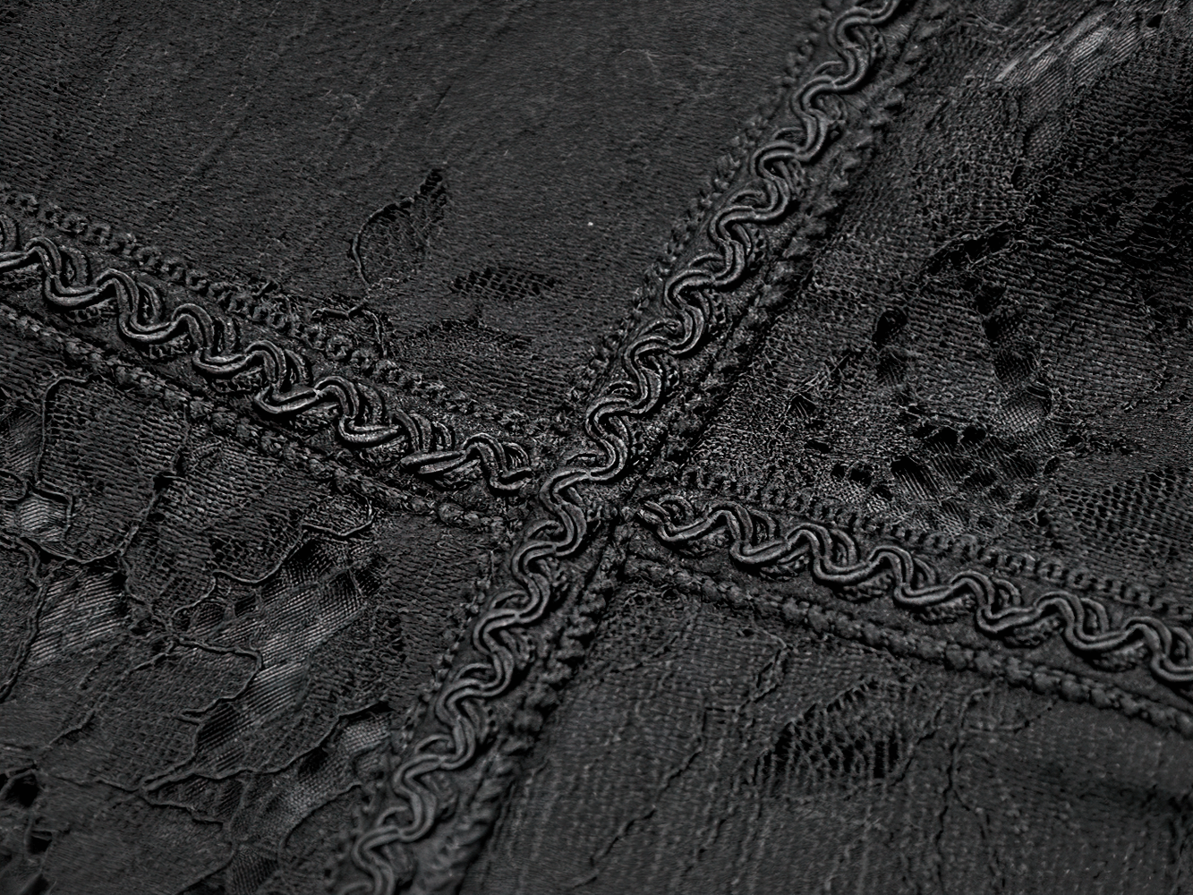 Close-up of Gothic Lace-Up Waist Corset with Zipper and Satin Ribbons showing intricate lace details.