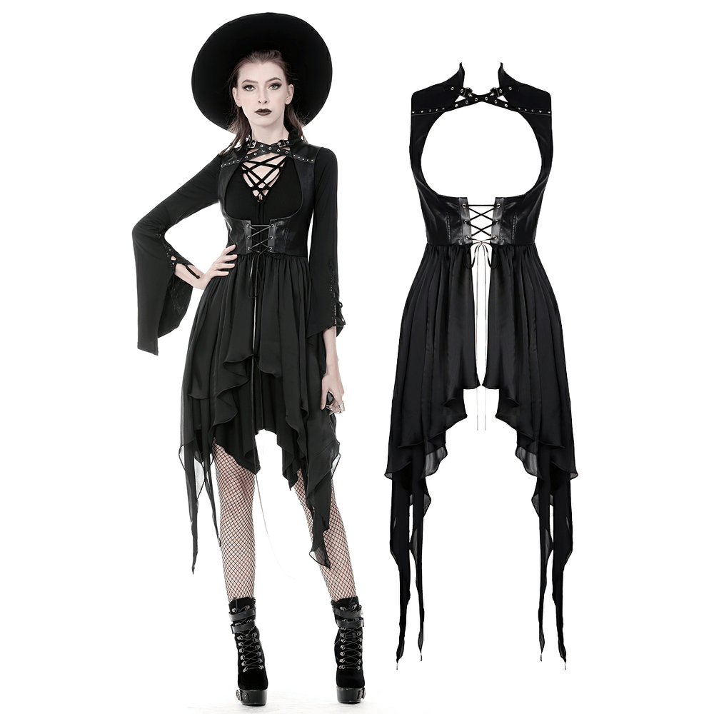 Gothic lace-up waistcoat with asymmetrical hem, stylish high-low design, perfect for edgy fashion lovers.