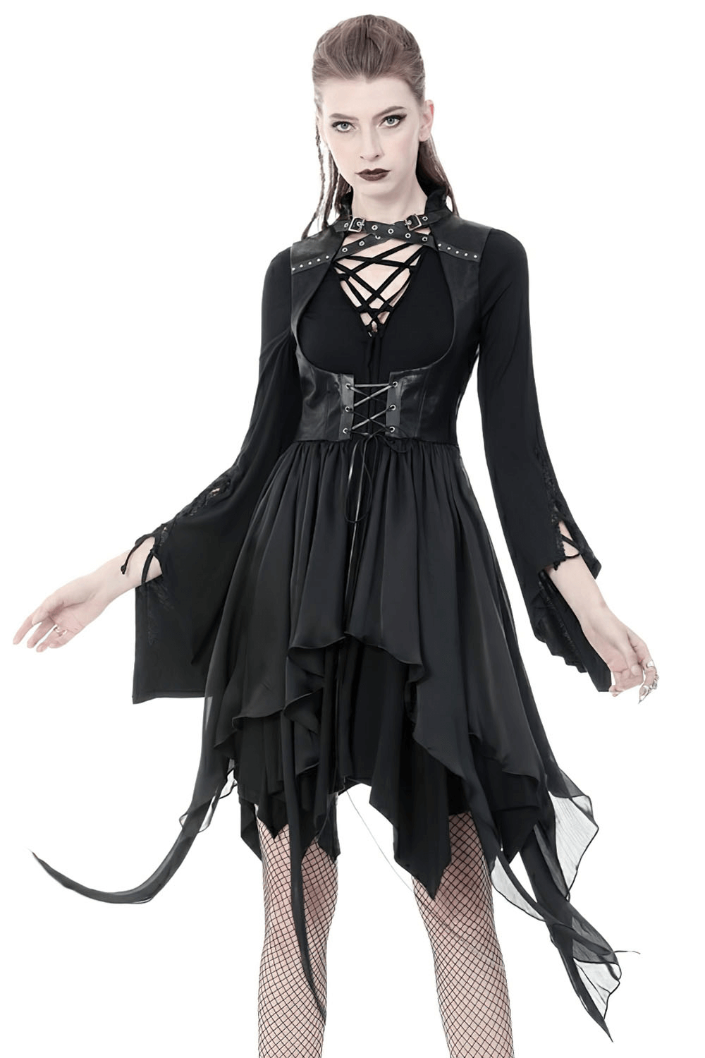 Gothic lace-up waistcoat with asymmetrical hem, ideal for fierce fashion lovers.