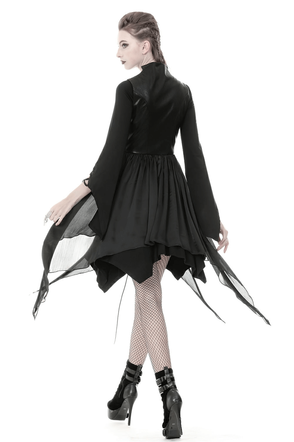 Model wearing a stylish gothic lace-up waistcoat with asymmetrical hem, showcasing gothic fashion features.