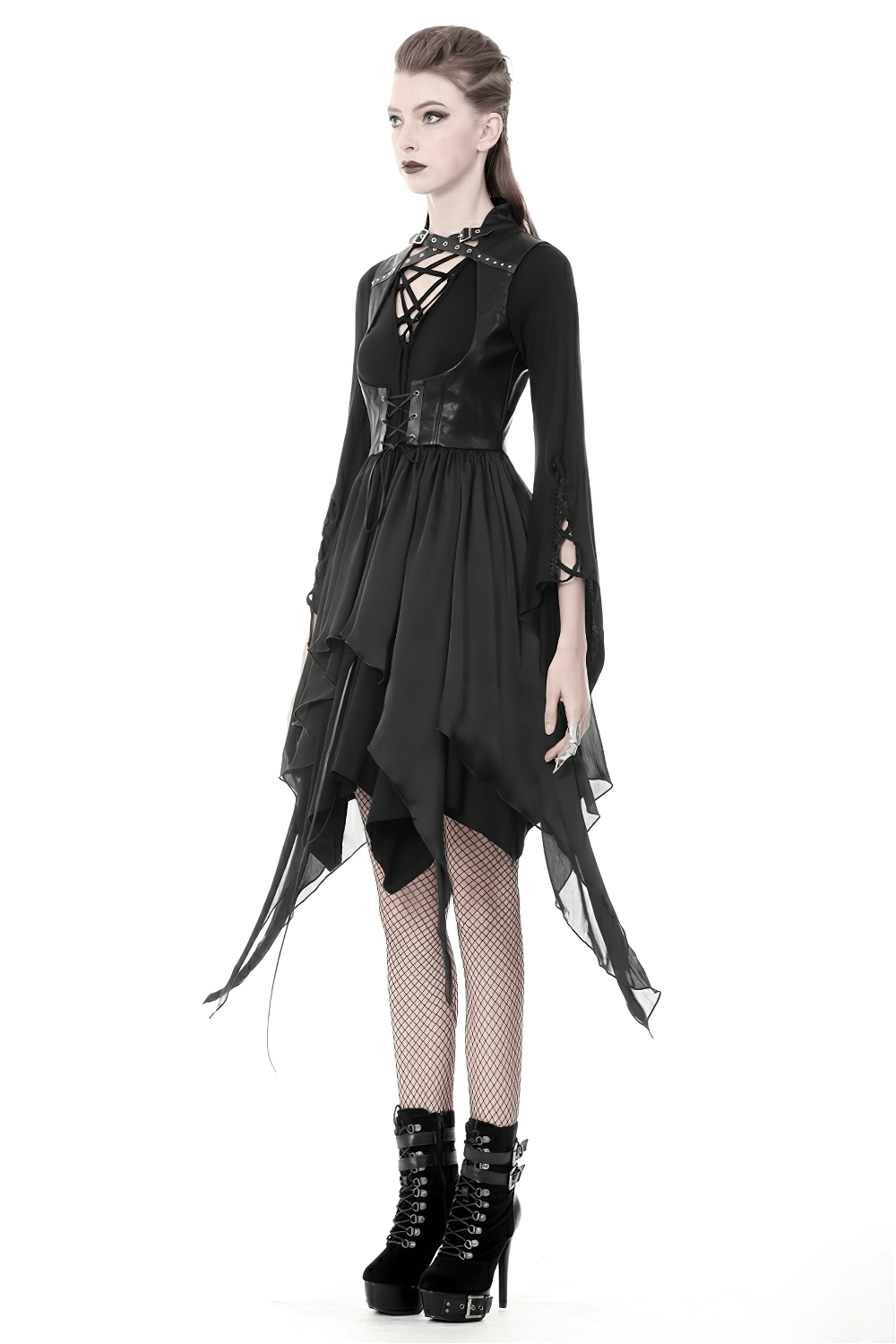 Gothic lace-up waistcoat with high-low hem, designed for a striking fashion-forward look.