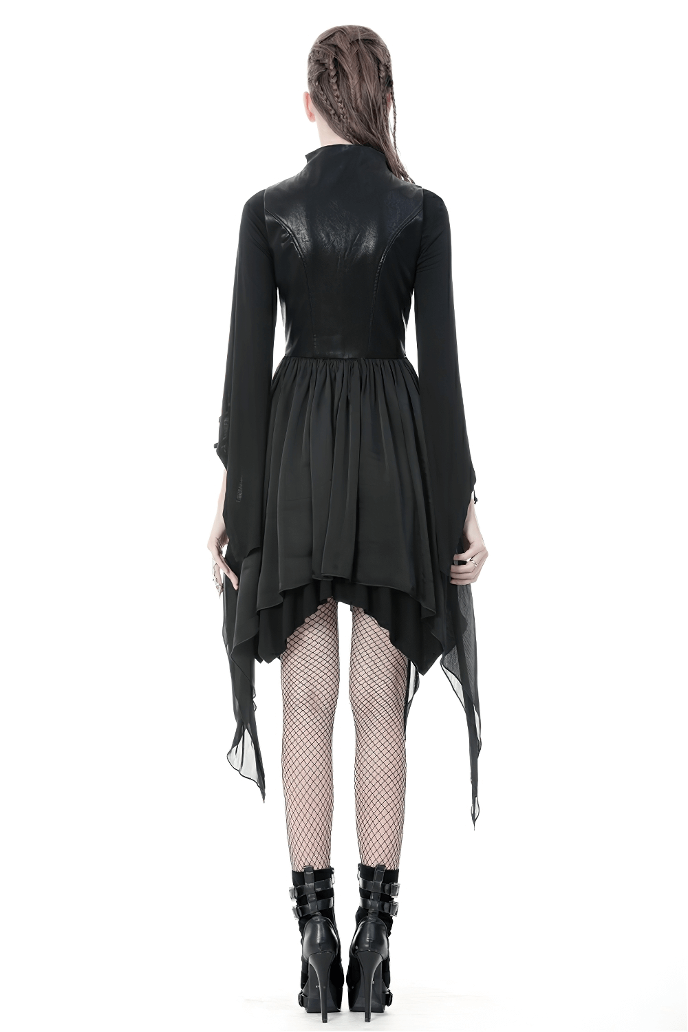Back view of a gothic lace-up waistcoat with high-low hem, paired with fishnet tights and edgy boots.
