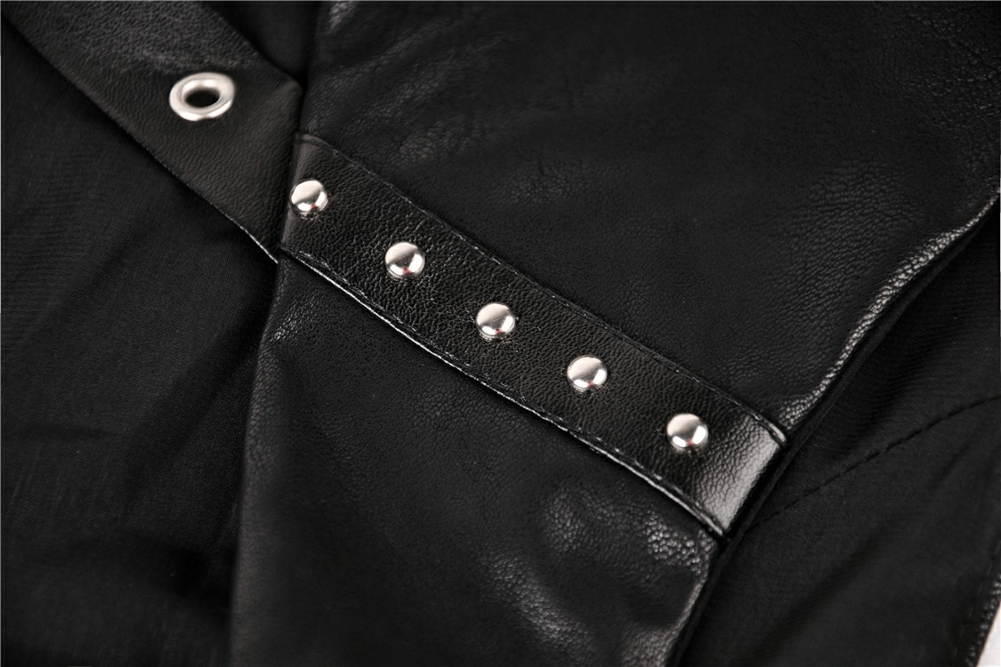 Close-up of black leather waistcoat with silver studs and detailed stitching, showcasing its gothic style.