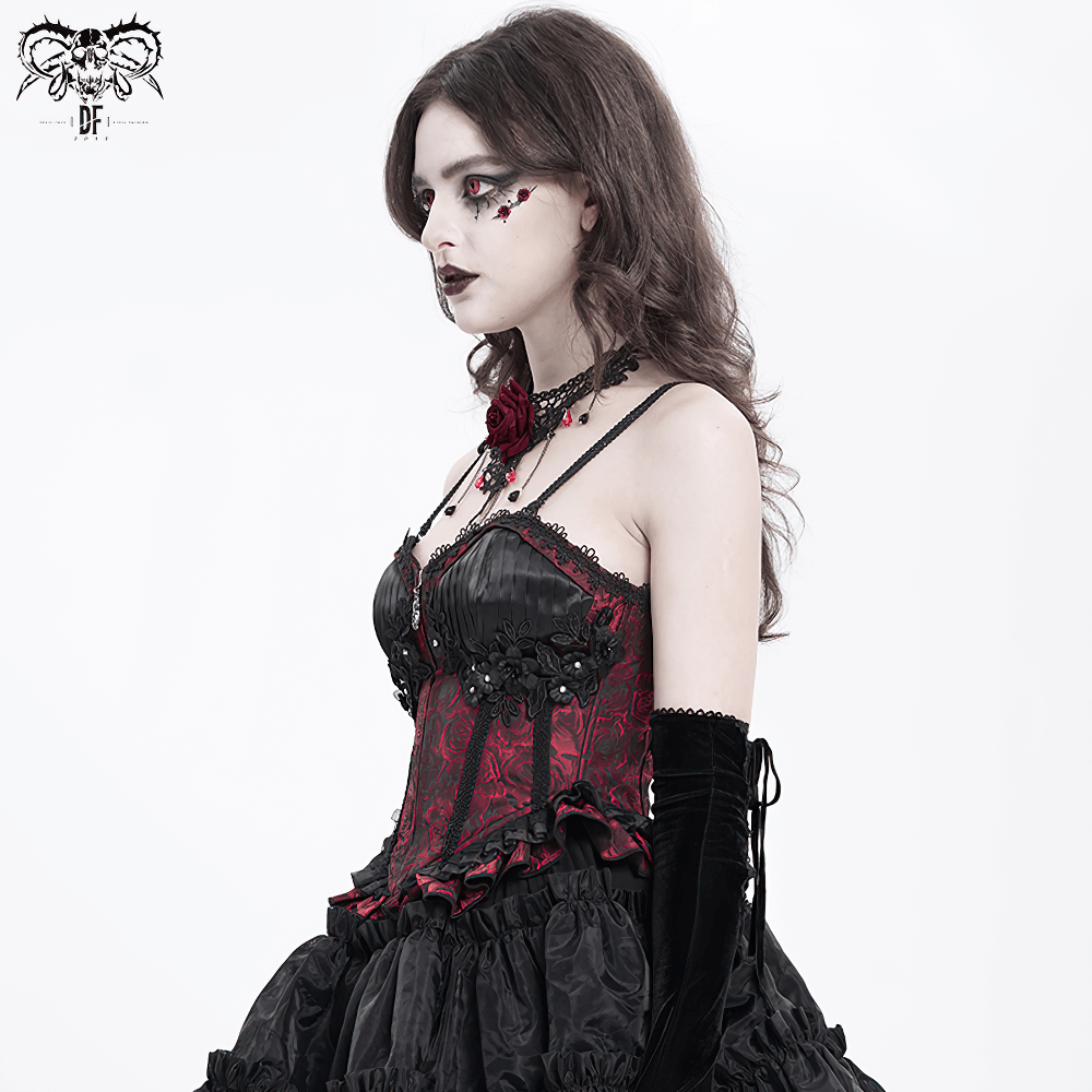 Gothic lace-up wine red corset with ruffle trim, worn by model showcasing elegant gothic fashion.