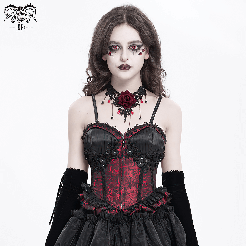 Gothic wine red lace-up corset with ruffle trim, model posing in elegant black attire and dramatic makeup.