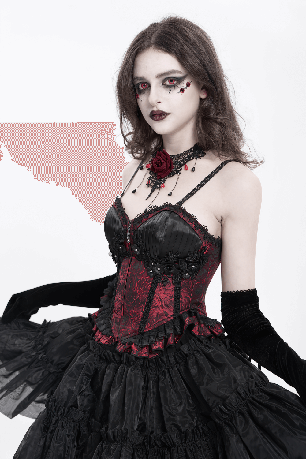 US SALE of Gothic Lace-Up Wine Red Corset with Ruffle Trim and Zipper