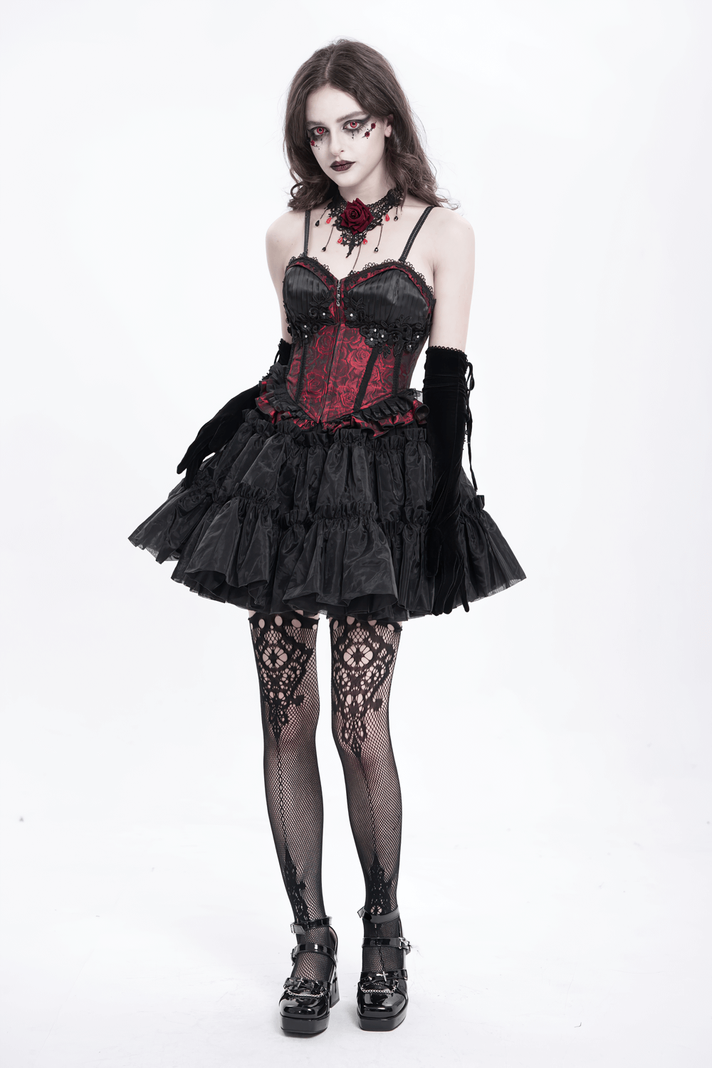 US SALE of Gothic Lace-Up Wine Red Corset with Ruffle Trim and Zipper