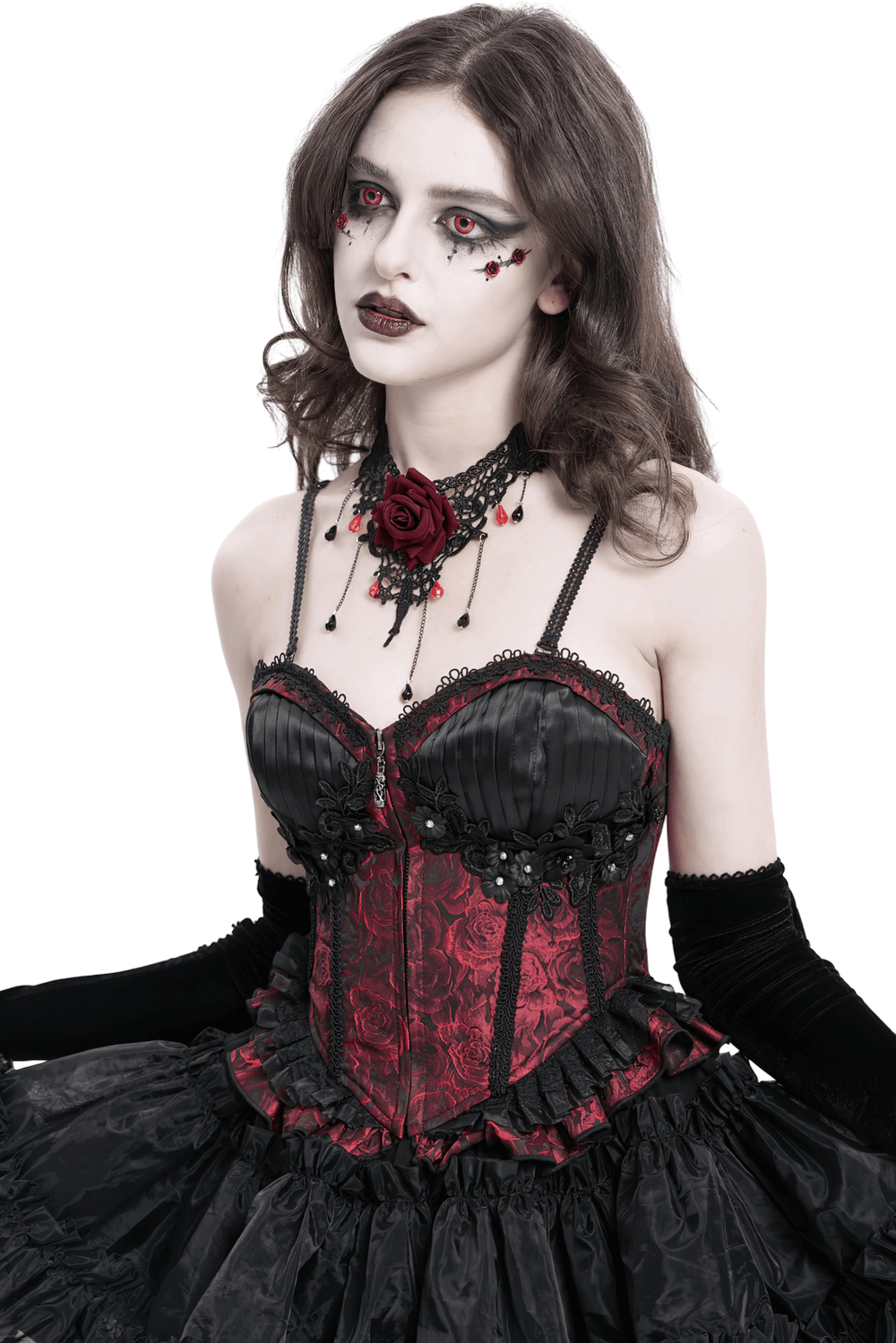 Gothic model wearing a wine red lace-up corset with ruffles and a black skirt, showcasing edgy elegance.
