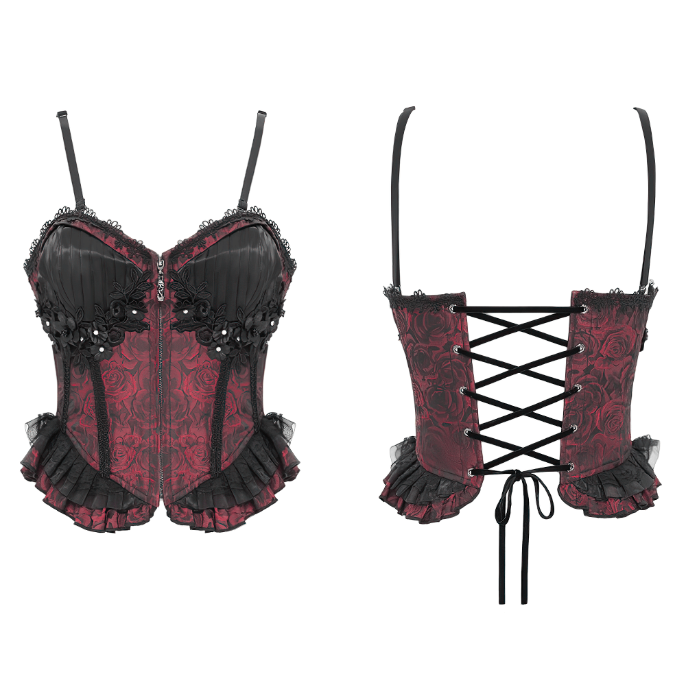 Wine Red Gothic Lace-Up Corset with Ruffles and Zipper, featuring floral lace and adjustable back for a perfect fit.