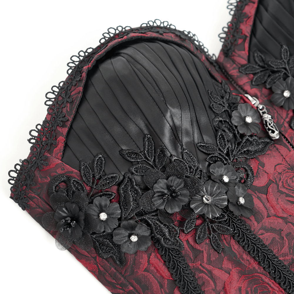 Gothic wine red corset with intricate floral lace and ruffle trim, featuring a sleek zipper closure.