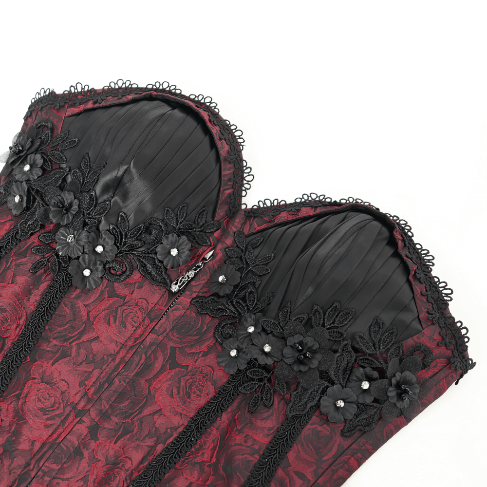 Wine red gothic lace-up corset with ruffle trim and floral lace details, featuring a front zipper closure.