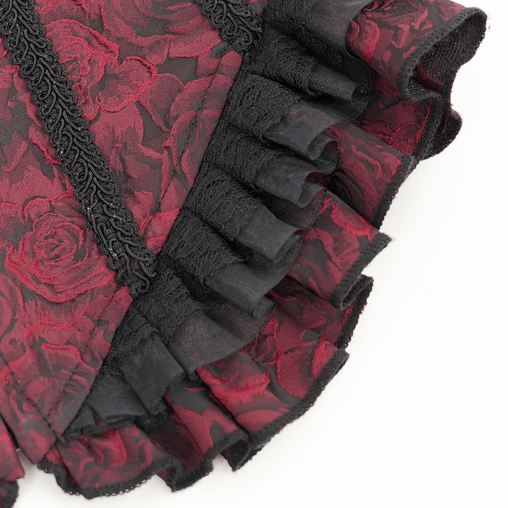 Gothic lace-up wine red corset detail with ruffle trim and floral lace pattern.