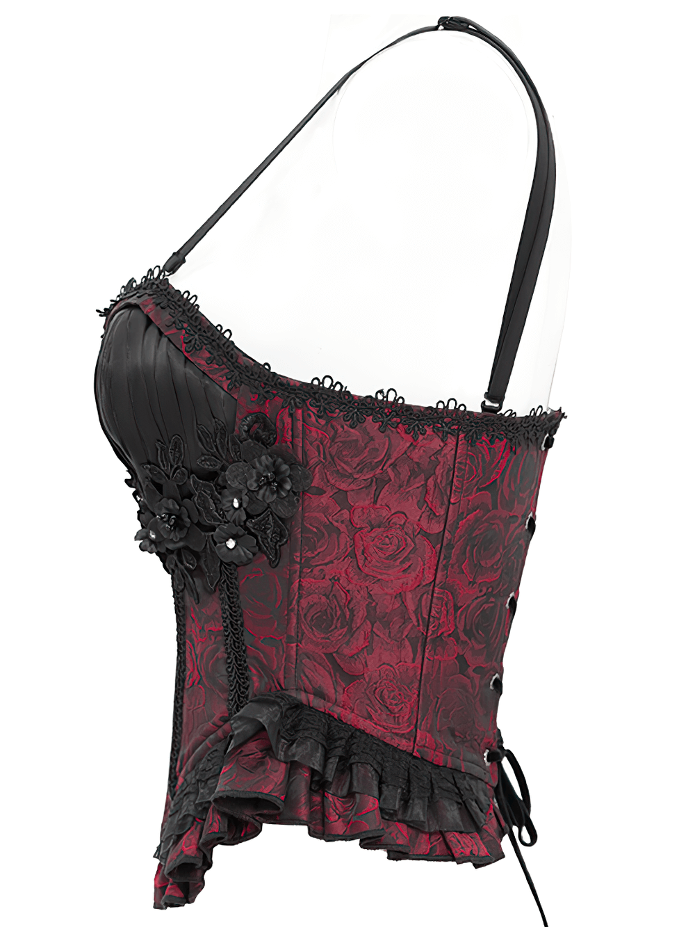 Side view of a gothic wine red lace-up corset with ruffle trim and floral details, perfect for edgy fashion.