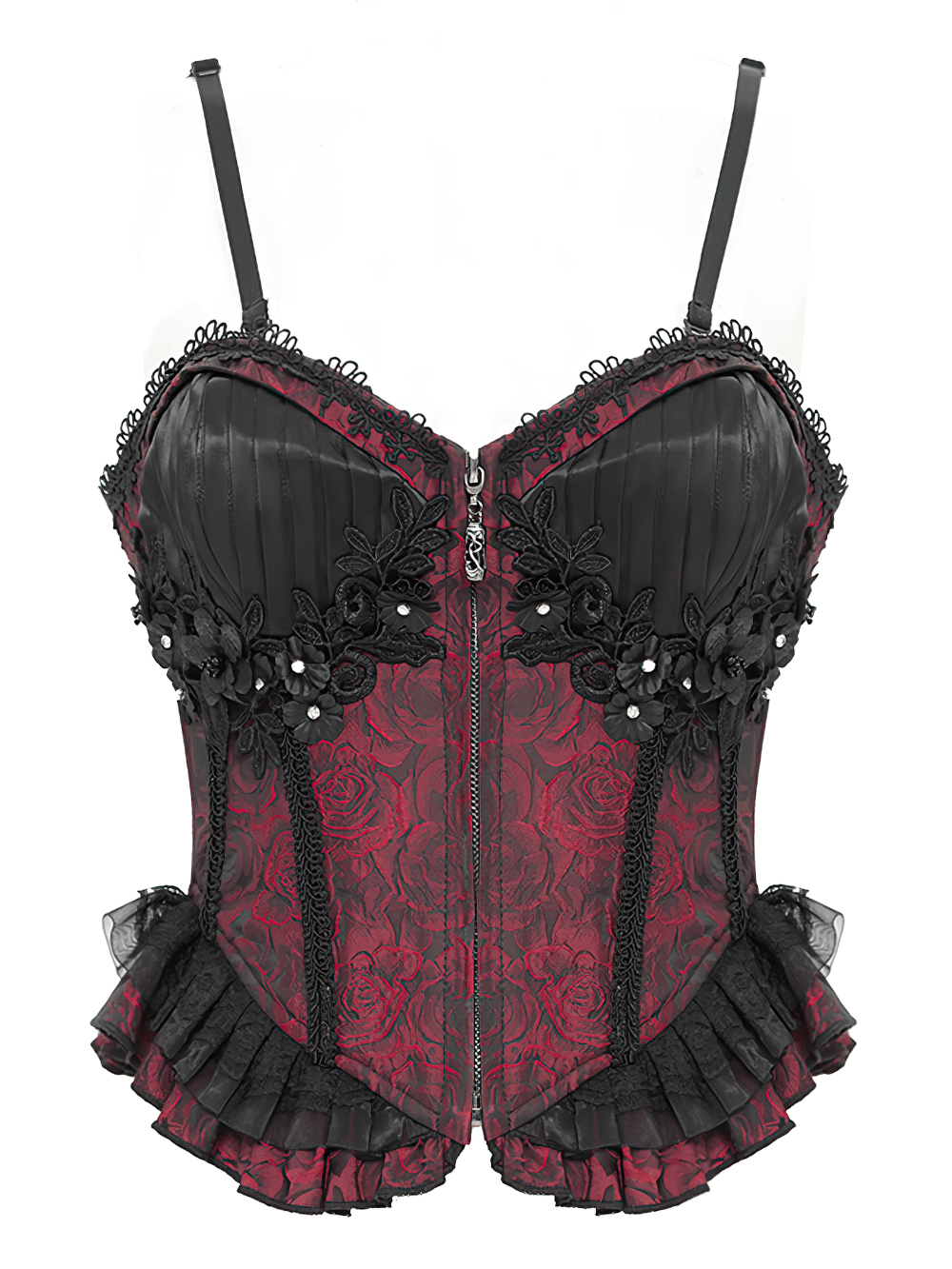 Gothic wine red lace-up corset with ruffle trim, zipper closure, and floral lace details for a chic look.