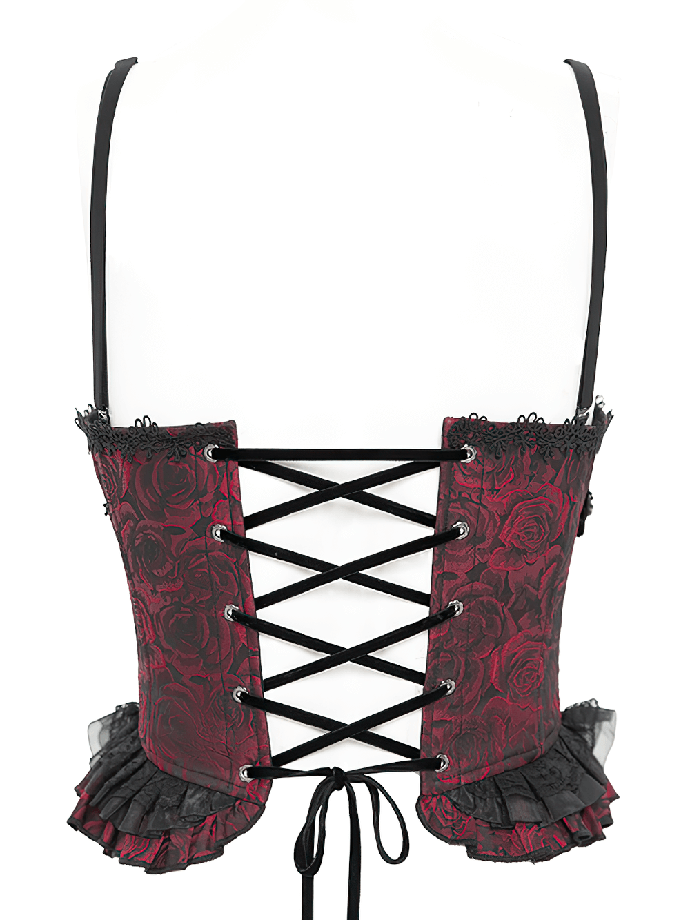 Back view of a Gothic lace-up wine red corset with ruffled trim and adjustable laces for a perfect fit.