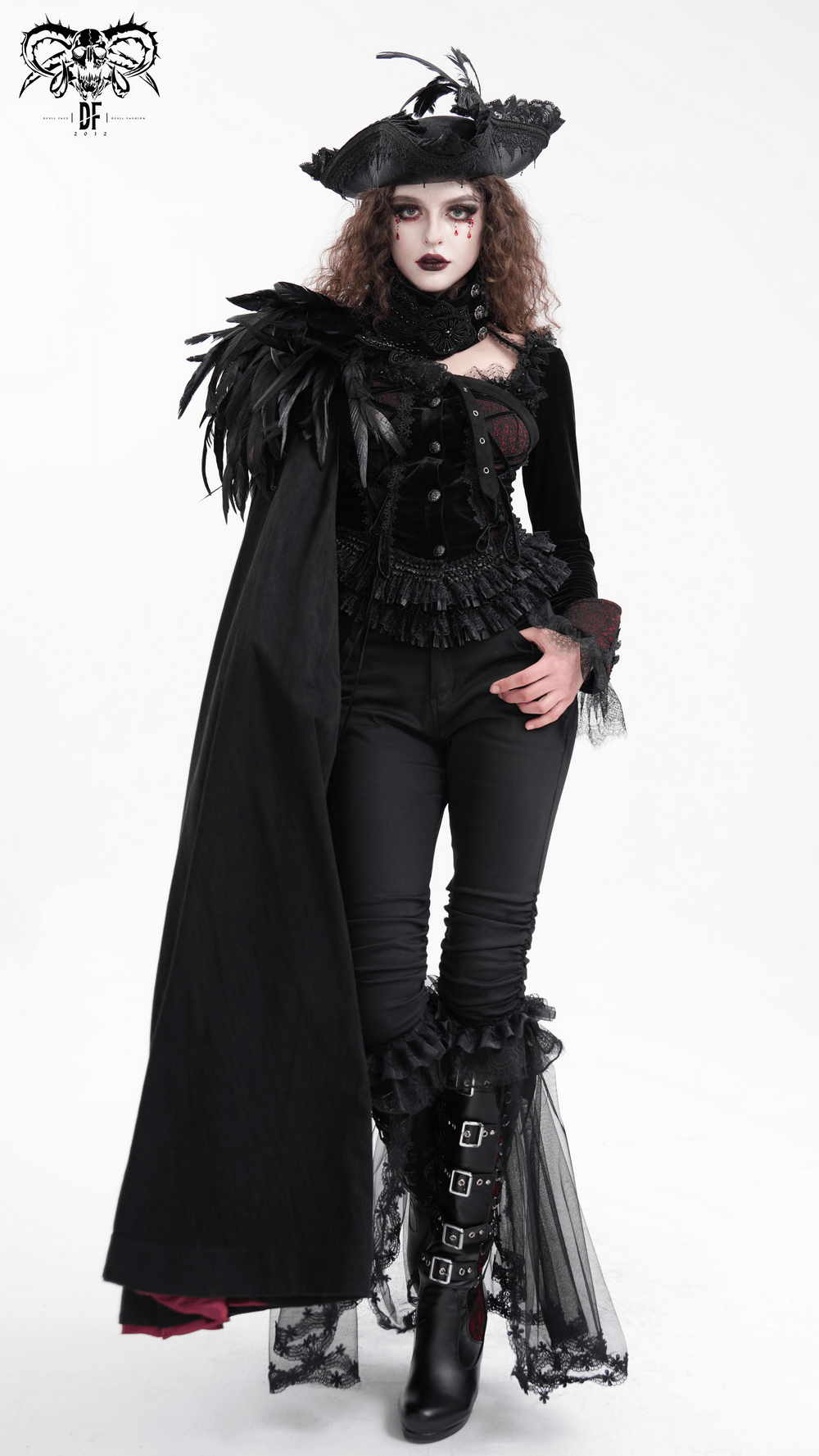 Victorian-inspired gothic model in dramatic black outfit with feather details and ruffled accents.