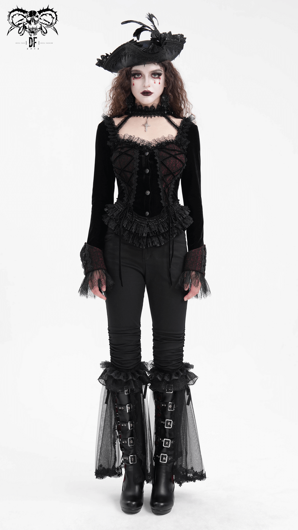 Gothic Lace-Up Women's Top with Ruffle Trim Sleeves