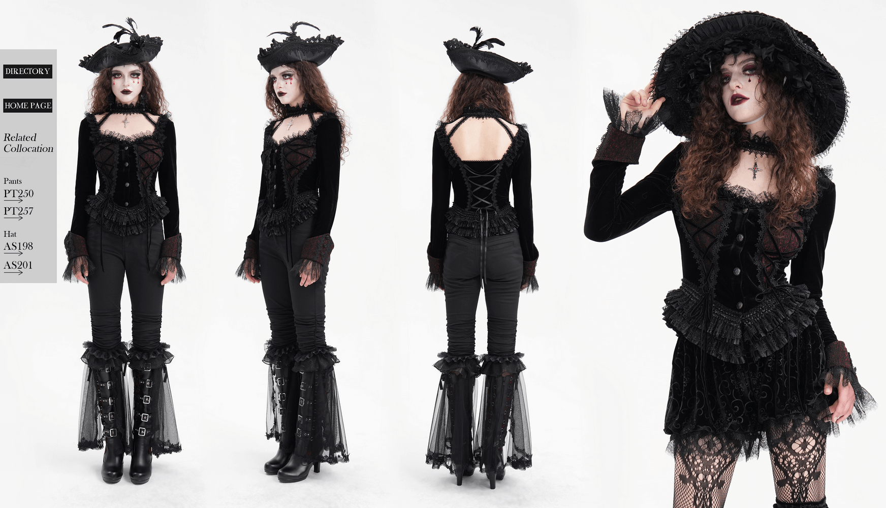 Gothic lace-up women's top with ruffle trim sleeves and dramatic black outfit, showcasing Victorian elegance.