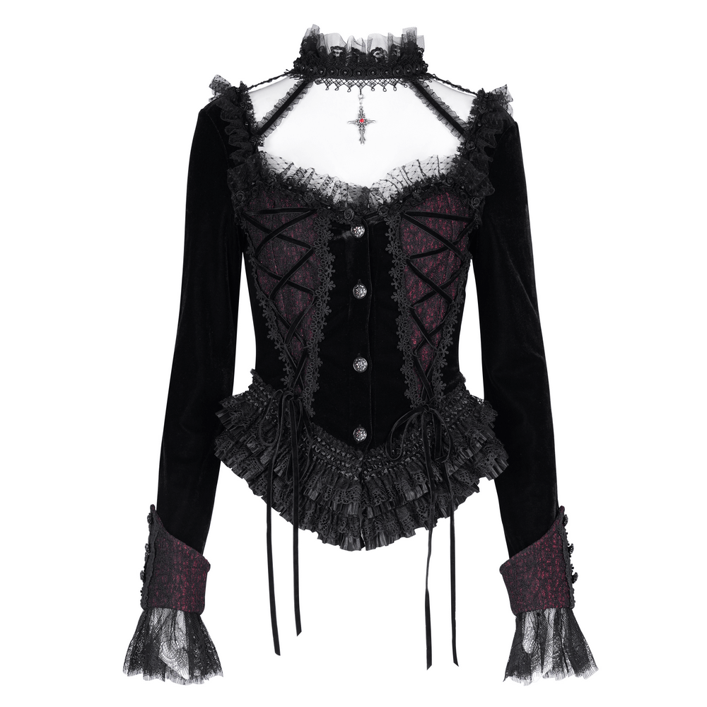 Gothic Lace-Up Women's Top with Ruffle Trim Sleeves