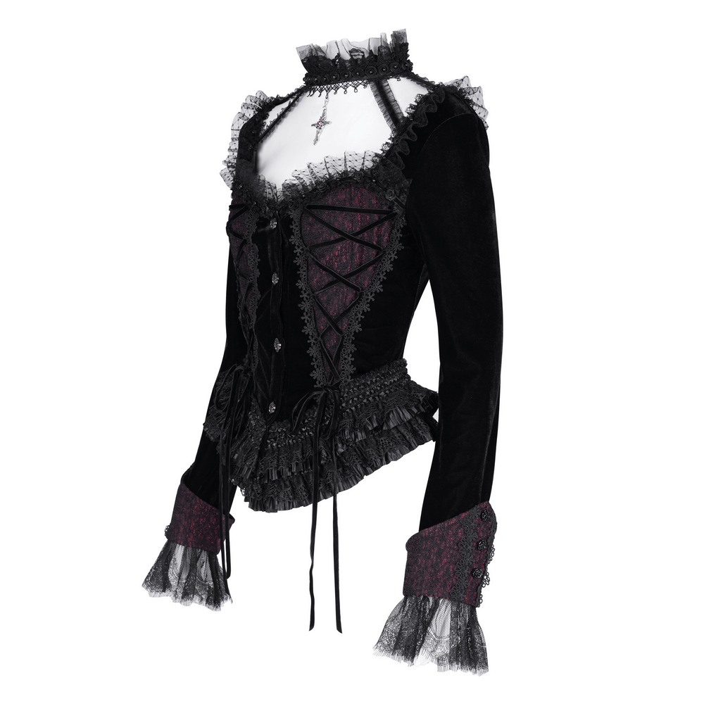 Gothic lace-up women's top with ruffle trim sleeves and Victorian flair, perfect for a dramatic look.