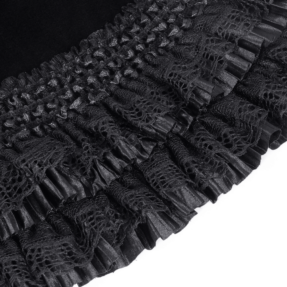 Close-up of intricate black lace and ruffled trim, showcasing gothic elegance and Victorian-inspired design.