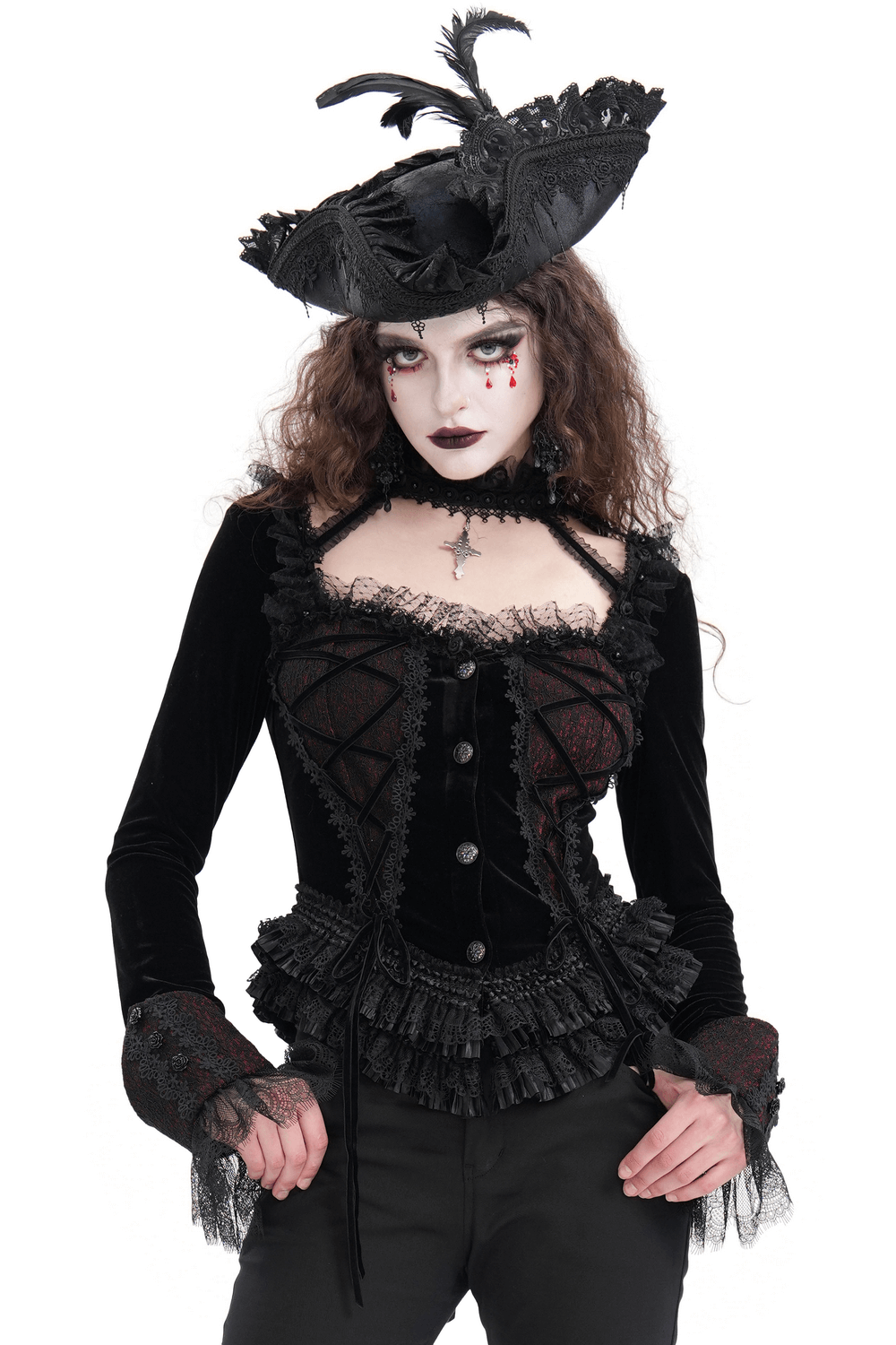 Gothic lace-up women's top with ruffle trim sleeves and Victorian style, complete with dramatic hat for a striking look.