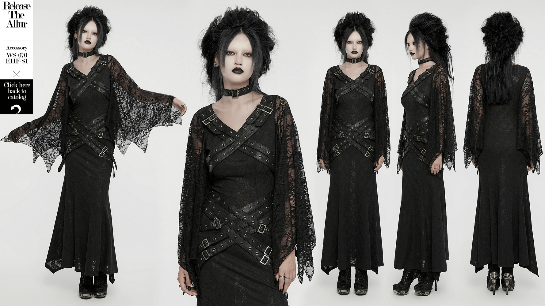 Gothic Lace V-Neck Long Dress with dramatic batwing sleeves and unique straps, perfect for a punk-inspired style.
